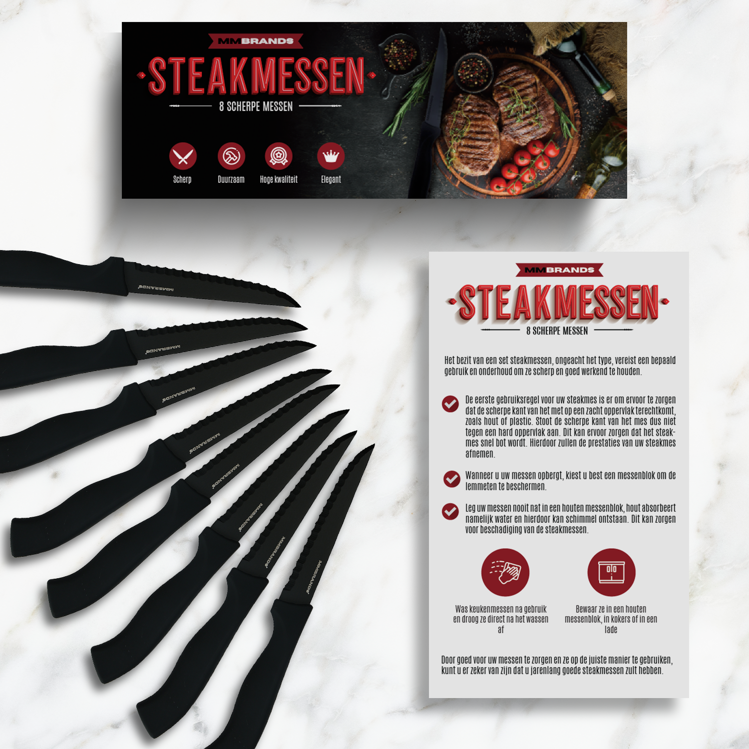 Steakmesser Set – 8-teilig – Schwarz